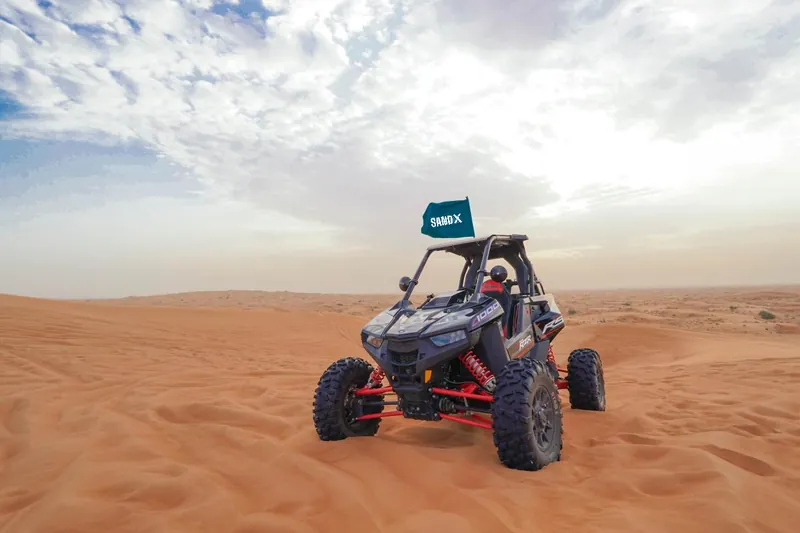 Polaris RZR RS1 parked on red dunes under a cloudy sky